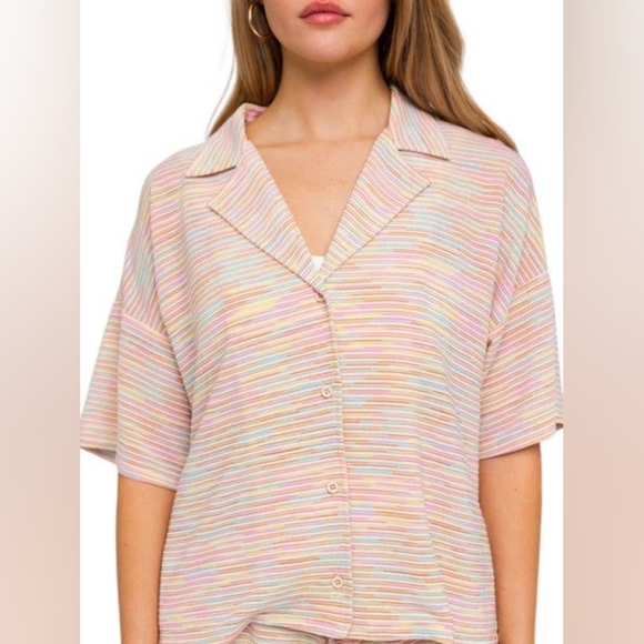 Le Lis Tops - Le Lis Subtle Rainbow Striped Button Down Short Sleeve Top